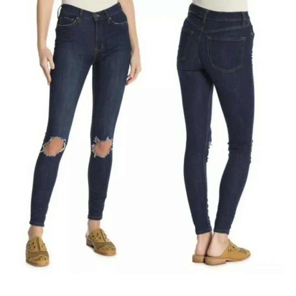 FREE PEOPLE Jeans Busted Knee Stretch Dark Blue Wash Skinny Ankle Crop sz 31 - Picture 2 of 11